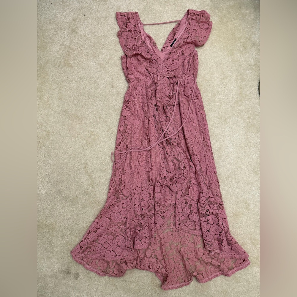 Soprano Dusty Rose Lace Maxi Dress with Tie Waist